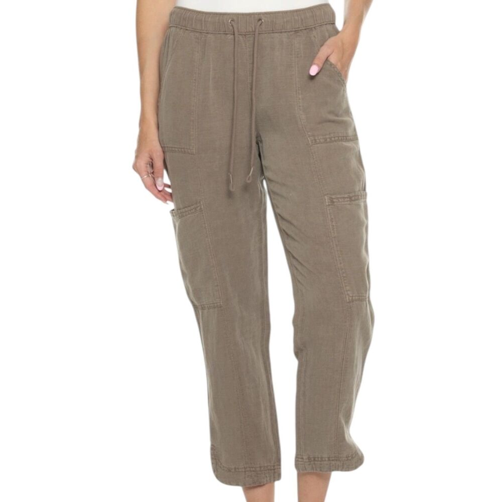 C & C California Tapered Leg Linen Blend Cargo Pants Draw String Crop Brown XS